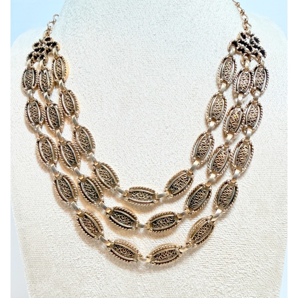 Vintage Sarah Coventry Desert Flowers Necklace Gold Tone Triple Strand Bib